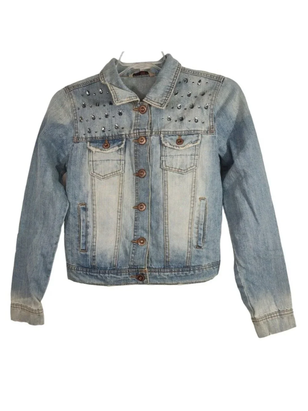 Highway Jeans Denim Button Up Jacket Women Size L Embellished Long Sleeve Pocket